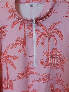 Talbots Pink and Coral Palm-Print Half-Zip Top
